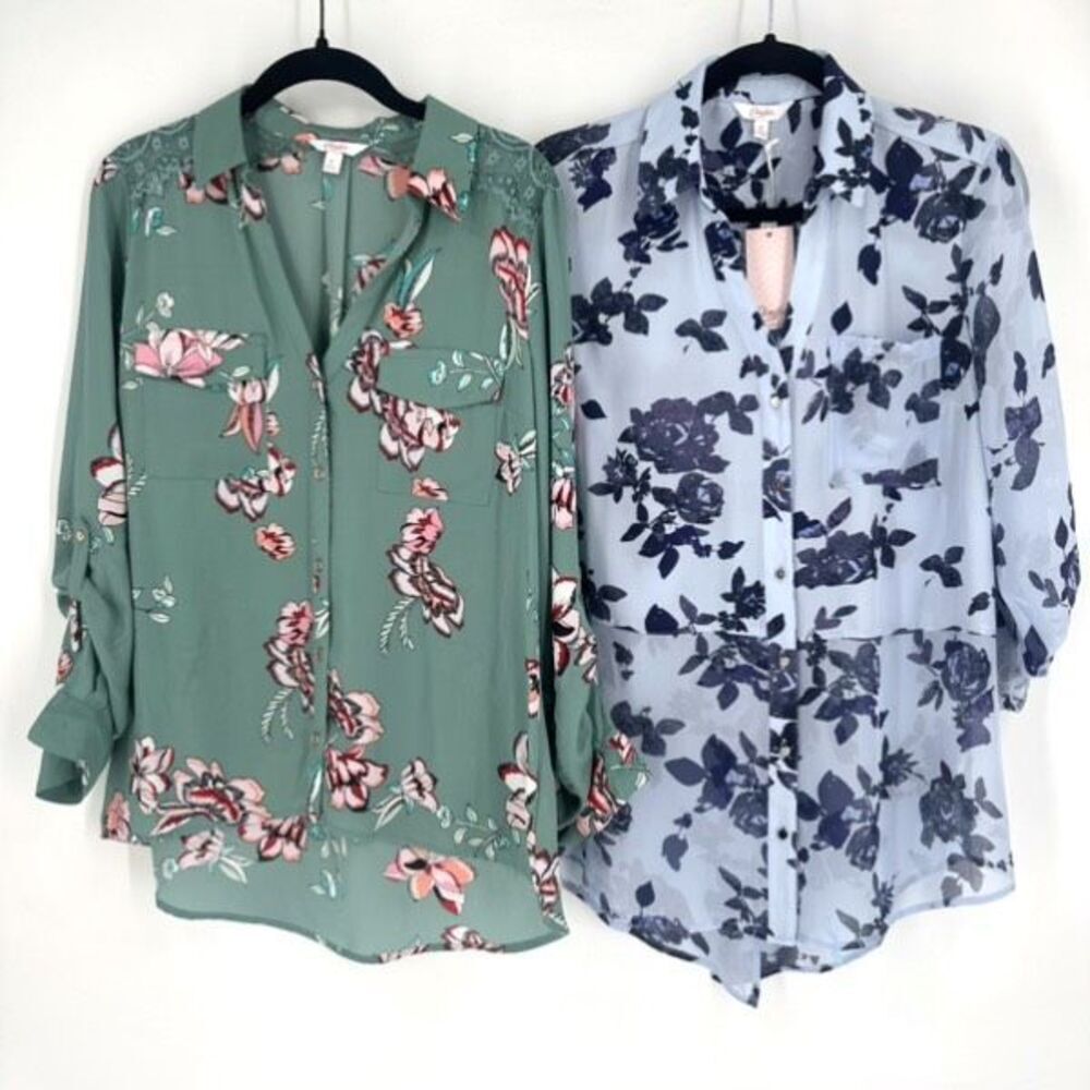 NWT Candie’s Button‎ Down Career Blouses Medium Floral Blue Lace Split Back